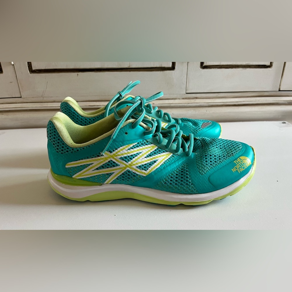 - The North Face running/hiking shoes, size 8.5 turquoise green/yellow